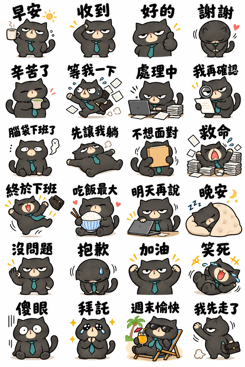 厭世上班貓24張繁體中文貼圖設計,包含早安、收到、辛苦了、終於下班等日常回覆